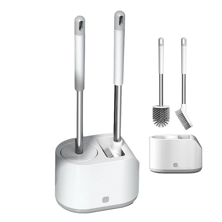 Set 2 Perii pentru Toaleta Teno ®, din silicon, perie zimtata, cap flexibil, suport adeziv pentru montarea pe perete, curata orice tip de suprafata, alb/gri