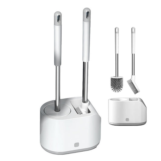 Set 2 Perii pentru Toaleta Teno ®, din silicon, perie zimtata, cap flexibil, suport adeziv pentru montarea pe perete, curata orice tip de suprafata, alb/gri