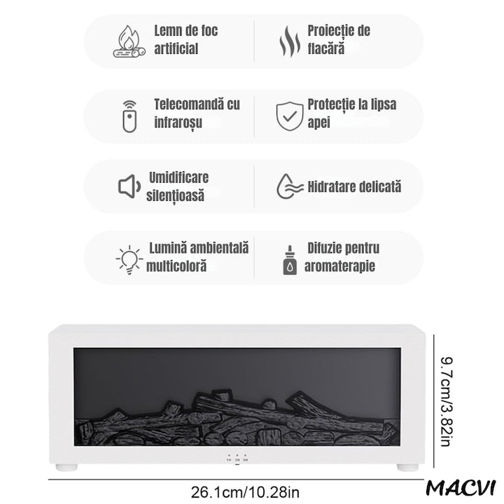 Umidificator de aer inteligent Macvi® 3D cu efect de flacara, aromaterapie, rezervor 200 ml, LED multicolor, silentios, portabil USB, cu telecomanda si 3 moduri de functionare, Alb