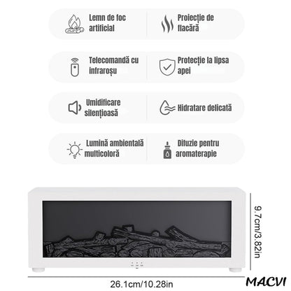Umidificator de aer inteligent Macvi® 3D cu efect de flacara, aromaterapie, rezervor 200 ml, LED multicolor, silentios, portabil USB, cu telecomanda si 3 moduri de functionare, Alb