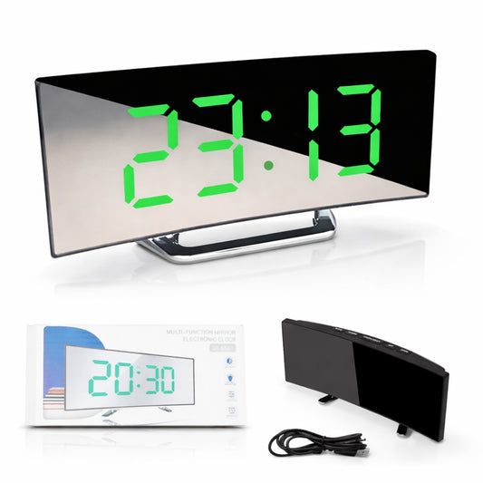 Ceas de masa tip oglinda Macvi® , model DT-6507, ecran LED curbat, afisare temperatura, Verde