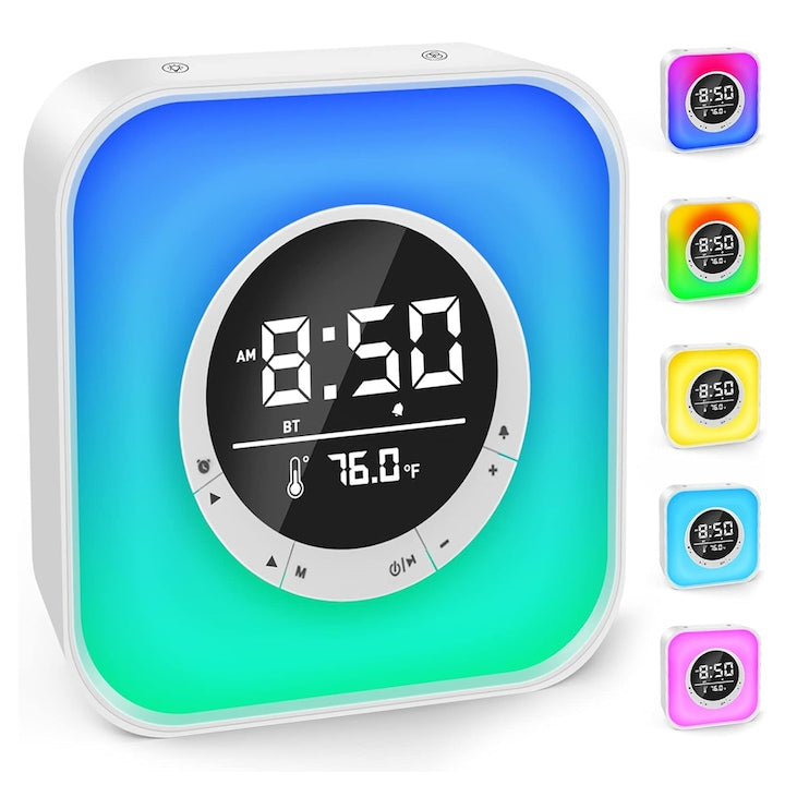 Ceas Desteptator Multifunctional Teno®, Bluetooth, functie de alarma, functie de radio, afisaj temperatura, lumini RGB, autonomie ridicata, patrat
