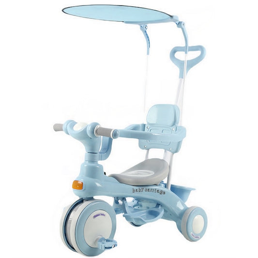 Tricicleta Multifunctionala Teno®, structura stabila, pedale anti-derapante, suport picioare, cosulet pe spate, spatar detasabil, parasolar, muzica incorporata, albastru