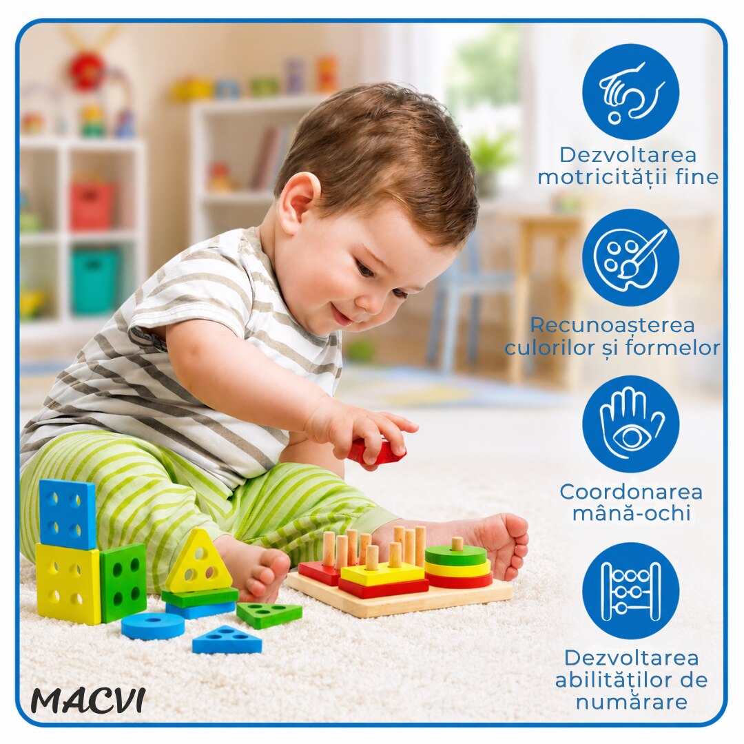 Jucarie  Tip Sortat Macvi® pentru Copii, 16 Piese, Forme Geometrice, 4 Coloane de Sortare