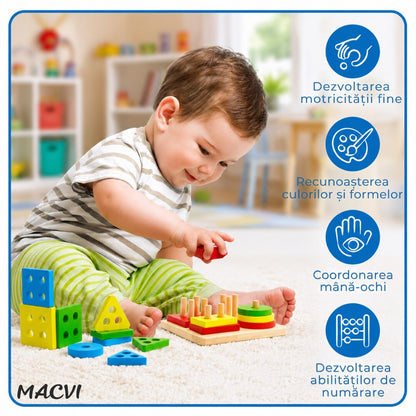 Jucarie  Tip Sortat Macvi® pentru Copii, 16 Piese, Forme Geometrice, 4 Coloane de Sortare