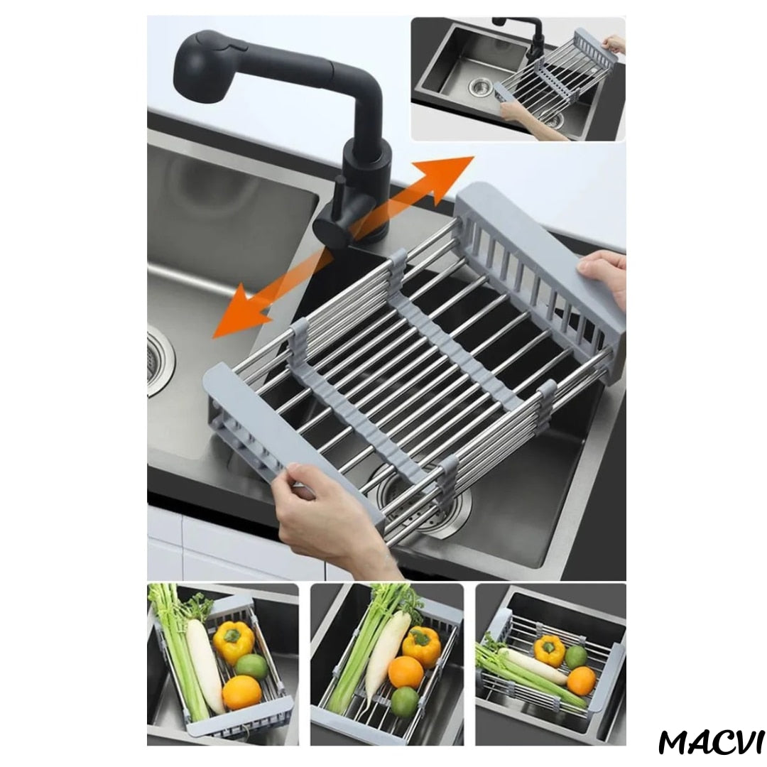 Cos de scurgere pentru chiuveta mica Macvi®, inox si plastic alimentar, 46x16 cm, extensibil, pentru legume, fructe si vase