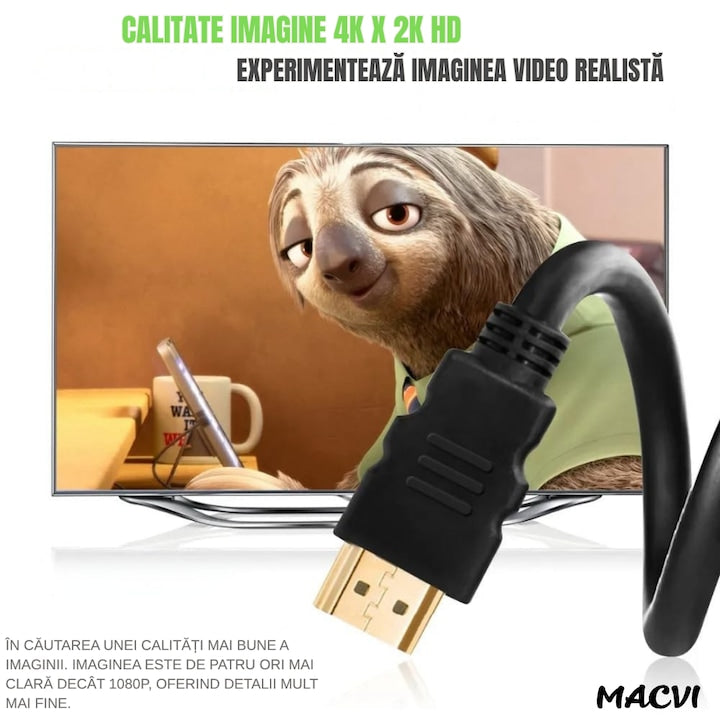 Cablu video Macvi® HDMI la HDMI, 1.8m, conectori aurii premium, rezolutie 4K Ultra HD 60Hz, negru