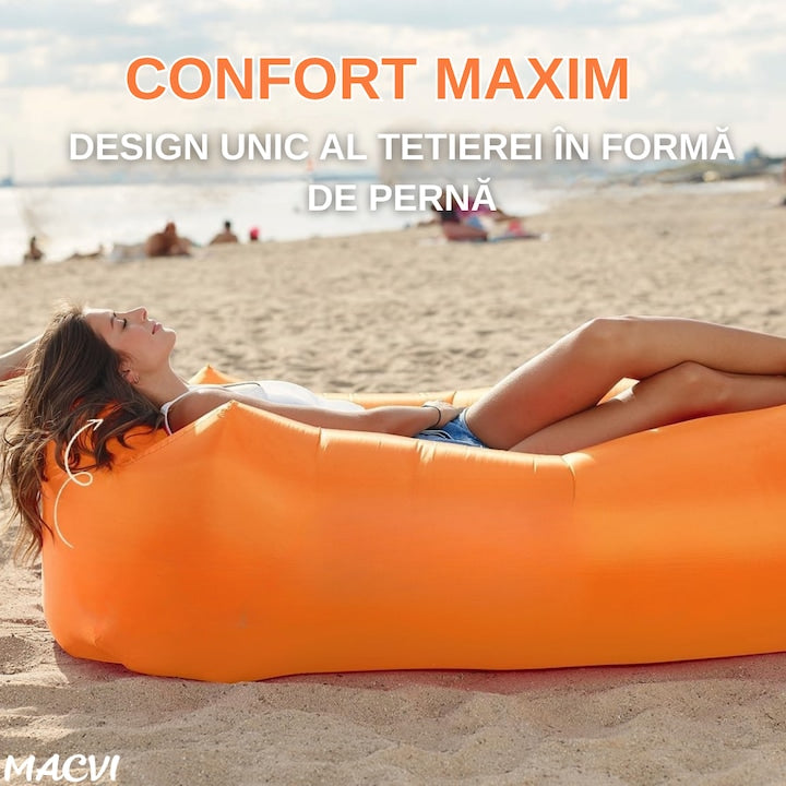 Saltea gonflabila tip sezlong Lazybag Macvi®, material rezistent, umflare fara pompa, pentru plaja/picnic/camping, rucsac de depozitare, 190 x 70 cm,Portocaliu