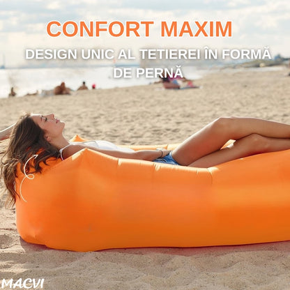 Saltea gonflabila tip sezlong Lazybag Macvi®, material rezistent, umflare fara pompa, pentru plaja/picnic/camping, rucsac de depozitare, 190 x 70 cm,Portocaliu