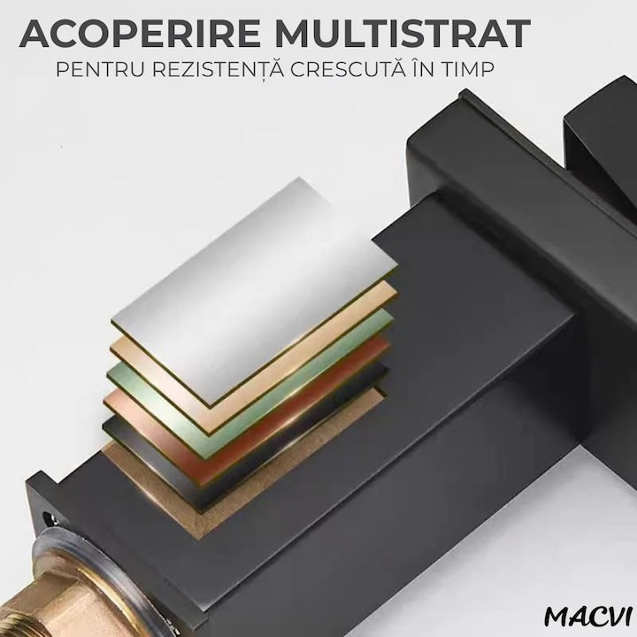 Baterie lavoar baie Macvi® tip cascada cromata din bronz inaltime 160 mm pipa 135 mm monocomanda, negru mat