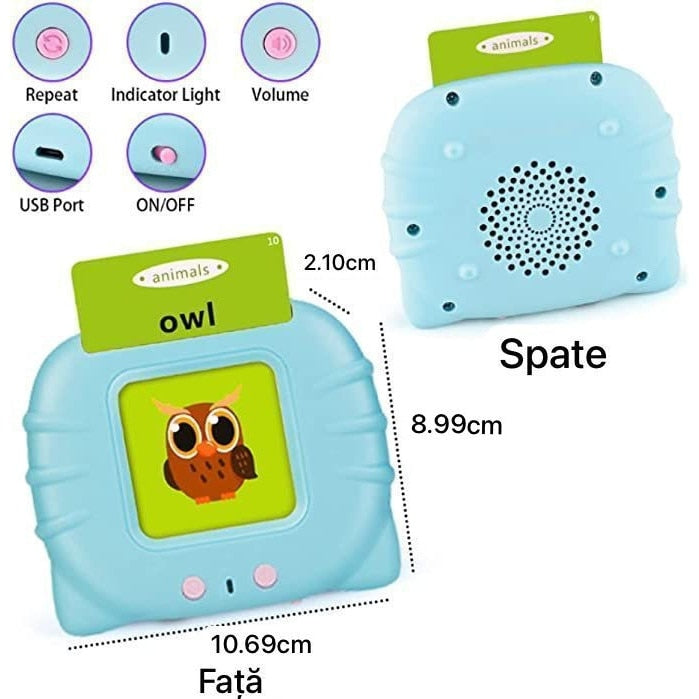 Jucarie educativa Montessori Macvi® masina de invatare limba engleza cu cititor carduri flash 112 carduri 224 cuvinte sunete interactive incarcare MicroUSB Roz 2 ani+