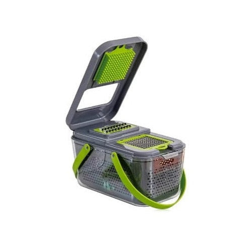 Razatoare multifunctionala Macvi® profesionala 22 piese cu lame inox si recipient colector tocator feliator pentru legume fructe si branzeturi gri verde