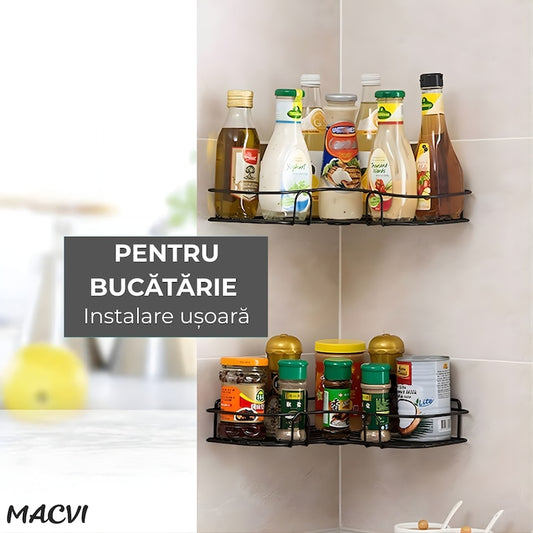 Suport de dus triunghiular Macvi®, montaj pe perete, organizator baie si bucatarie, instalare usoara, depozitare practica