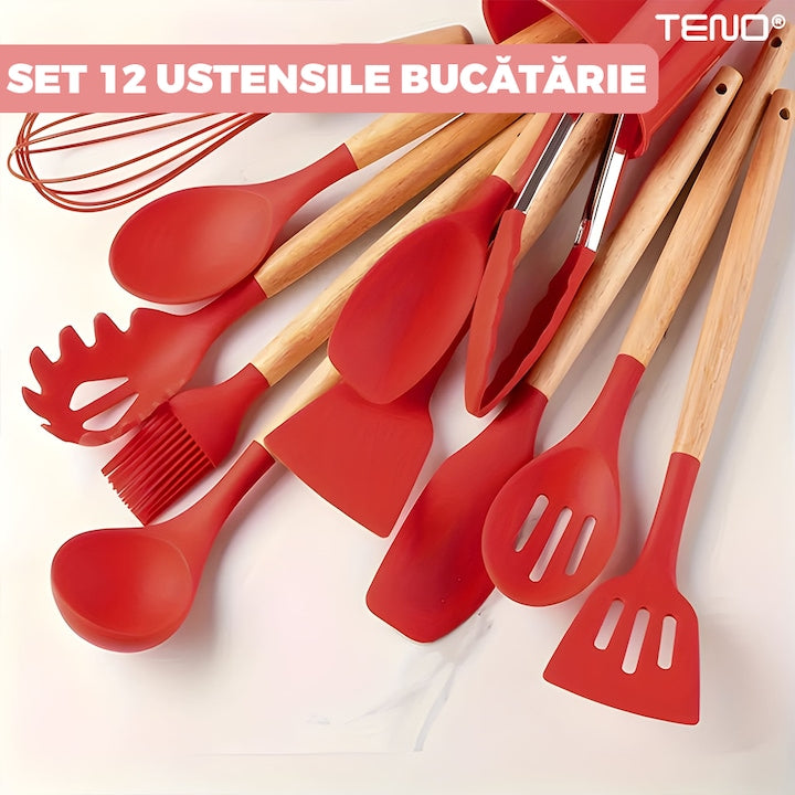 Set Ustensile Bucatarie 12 Piese Silicon Alimentar Teno®, termorezistente, antiaderente, sigure, suport inclus, rosu
