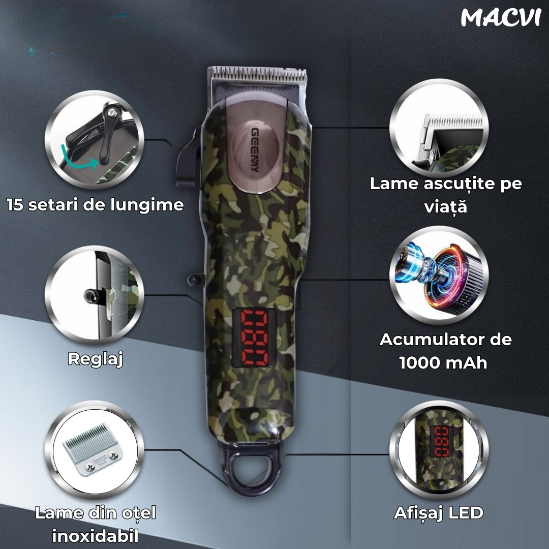 Trimmer Macvi® GM 2608  cu afisaj LED - Functionare cu cablu/fara fir, 15 setari de lungime, 3 ore incarcare, 180 min autonomie
