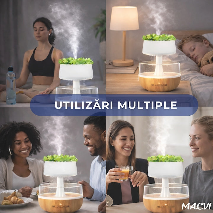 Umidificator decorativ cu efect de ploaie tip nor Macvi® cu LED 7 culori sunet ploaie si element vegetal artificial, 0.3L, Cablu USB