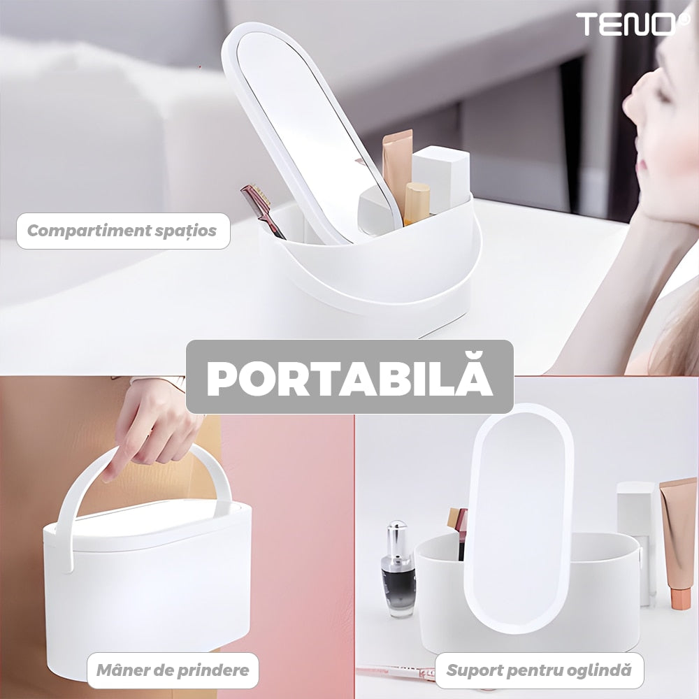 Oglinda Cosmetica Multifunctionala Teno®, portabila, lumina LED, spatiu depozitare pentru cosmetice, buton Touch-Screen, lumina dimabila, 23 x 10 x 11.5 cm, alb