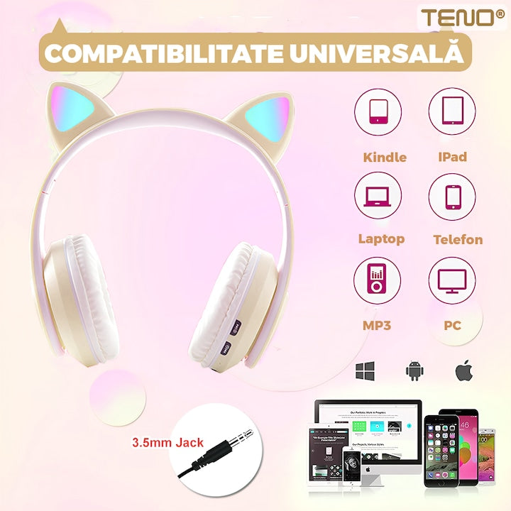 Casti Wireless Model Pisica Teno®, B39, overear, urechi de pisica cu iluminare RGB, bluetooth 5.0, handsfree, HiFi, bass stereo, kaki