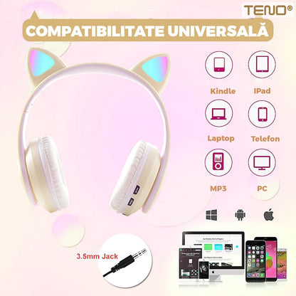 Casti Wireless Model Pisica Teno®, B39, overear, urechi de pisica cu iluminare RGB, bluetooth 5.0, handsfree, HiFi, bass stereo, kaki