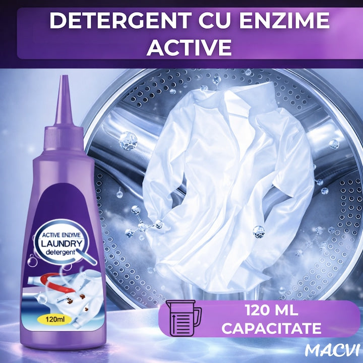 Detergent lichid pentru indepartarea petelor Macvi®, cu enzime active, pentru toate tipurile de haine, 120 ml, actiune imediata