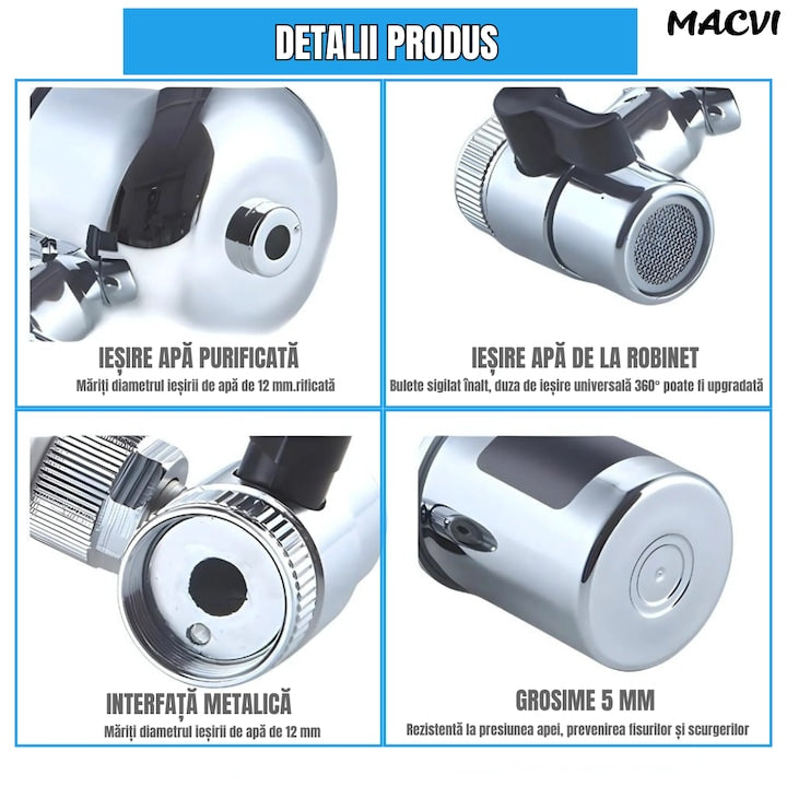 Filtru Apa Macvi® pentru Robinet, Capacitate 50.000L, 7 Etape Filtrare, Cartus Reutilizabil, Elimina Impuritati, Clor si Metale Grele, Montaj Rapid, Argintiu