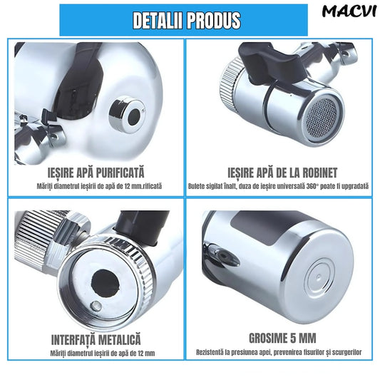 Filtru Apa Macvi® pentru Robinet, Capacitate 50.000L, 7 Etape Filtrare, Cartus Reutilizabil, Elimina Impuritati, Clor si Metale Grele, Montaj Rapid, Argintiu