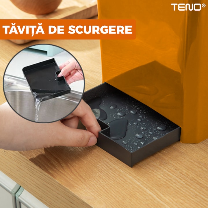 Organizator Multifunctional pentru Bucatarie Teno®, 4 Compartimente, raft condimente, suport detasabil telefon, tavita de scurgere, suport tacamuri/ustensile, portocaliu