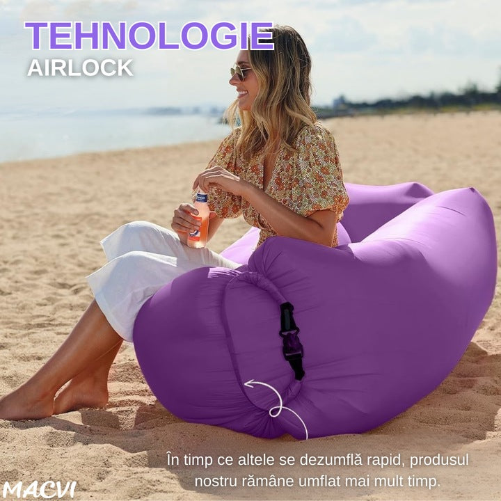 Saltea gonflabila tip sezlong Lazybag Macvi®, material rezistent, umflare fara pompa, pentru plaja/picnic/camping, rucsac de depozitare, 190 x 70 cm,,Mov