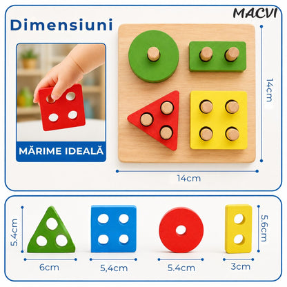 Jucarie  Tip Sortat Macvi® pentru Copii, 16 Piese, Forme Geometrice, 4 Coloane de Sortare
