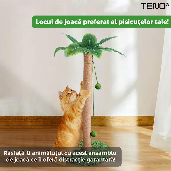 Ansamblu de Joaca pentru Pisici in Forma de Palmier Teno®, tip turn, 1 nivel, franghie si mingiute de joaca, stalpi pentru zgariat, captuseala extra moale, structura stabila, 85 cm, verde
