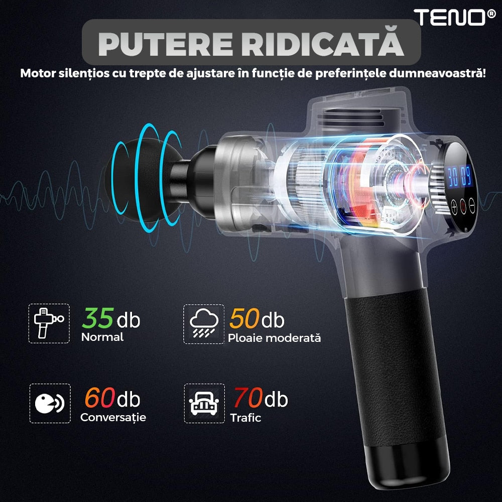 Aparat Profesional pentru Masaj tip Pistol Teno®, 30 viteze, motor silentios fara perii, 3200 percutii, sistem racire, 2500mAh, 6 capete, incarcare rapida, geanta pentru depozitare, negru