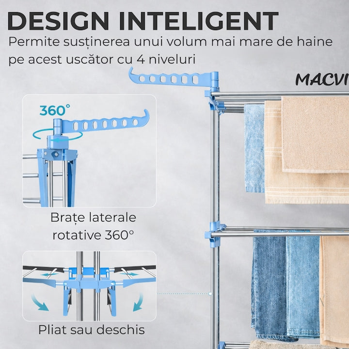 Uscator vertical pentru rufe Macvi®, cu 3 nivele de uscare, mobil si pliabil, suport umerase, albastru
