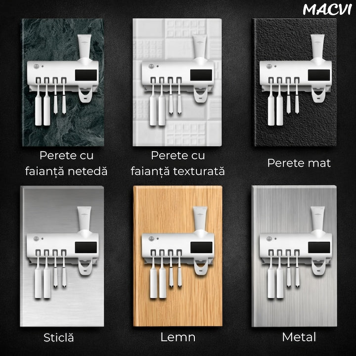 Suport si Dozator Macvi® pentru Periute si Pasta de Dinti cu Sterilizare Antibacteriana UV, Design Compact si Elegant