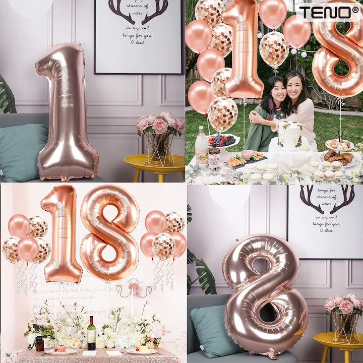 Set 2 Baloane Cifra 18 Teno®, pentru Petreceri/Aniversari/Evenimente/Majorate, 105 cm, rose gold
