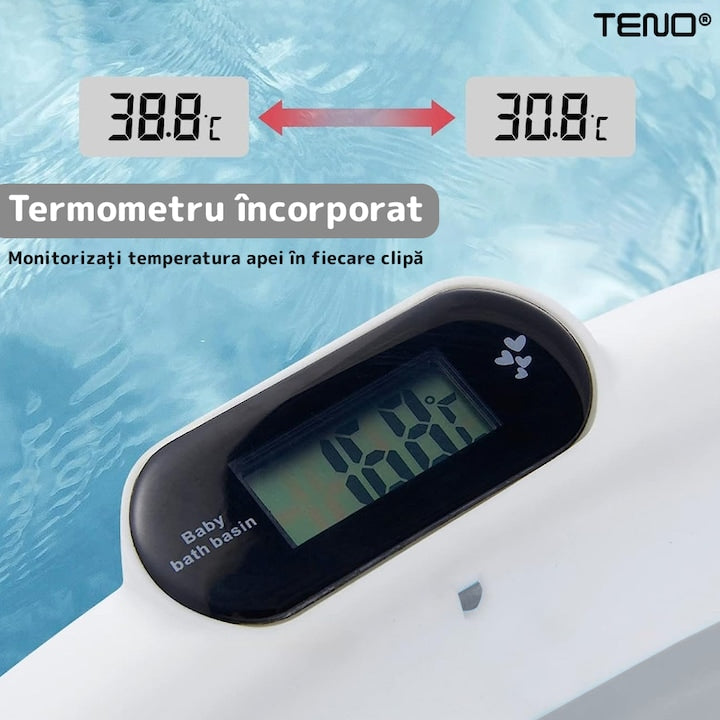 Cadita cu Pernuta pentru Bebelusi Teno®, termometru digital incorporat, pliabila, dop de scurgere, picioare anti-alunecare, design ergonomic, 75 x 45 x 22 cm, gri cu stelute