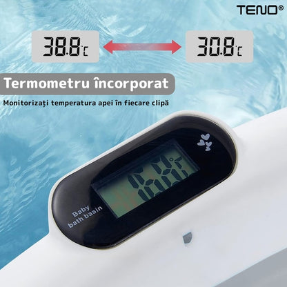 Cadita cu Pernuta pentru Bebelusi Teno®, termometru digital incorporat, pliabila, dop de scurgere, picioare anti-alunecare, design ergonomic, 75 x 45 x 22 cm, gri cu stelute