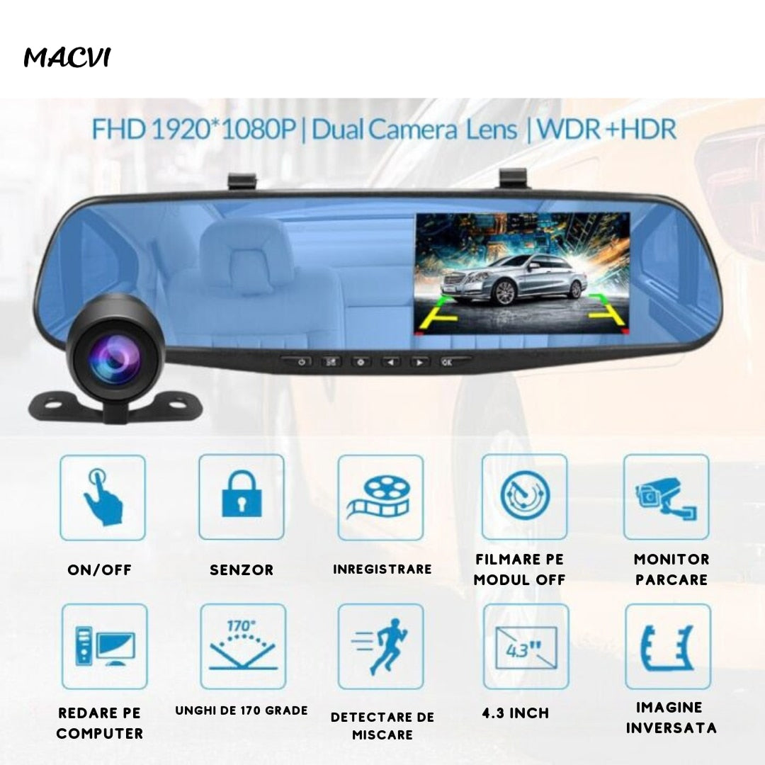 Oglinda Auto DVR Macvi® cu Camera Dubla, Slot micro SD,Camera Marsarier,Full HD