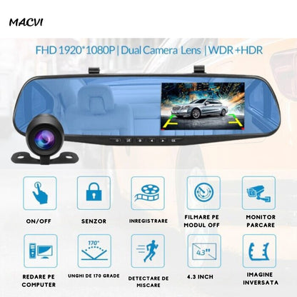 Oglinda Auto DVR Macvi® cu Camera Dubla, Slot micro SD,Camera Marsarier,Full HD