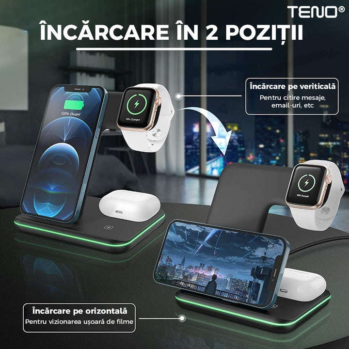 Incarcator Wireless Teno®, Statie de Incarcare 3in1, LED indicator inteligent, Fast Charge, incarcare rapida, compatibilitate universala, negru