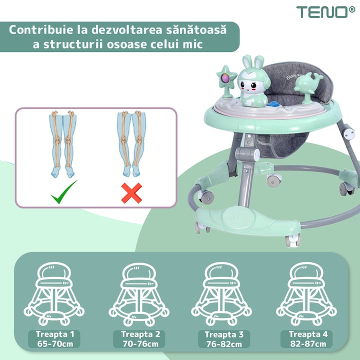 Premergator Multifunctional pentru Bebelusi Teno®, tava cu 3 jucarii, muzica, reglabil, pliabil, greutate max 20kg, 6-36 luni, verde