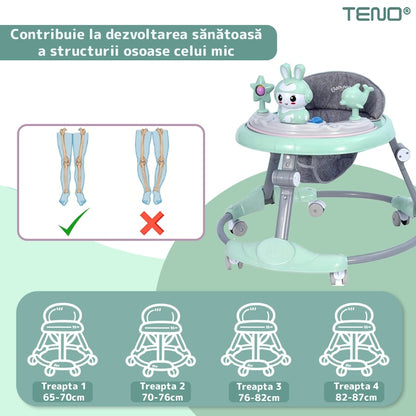 Premergator Multifunctional pentru Bebelusi Teno®, tava cu 3 jucarii, muzica, reglabil, pliabil, greutate max 20kg, 6-36 luni, verde