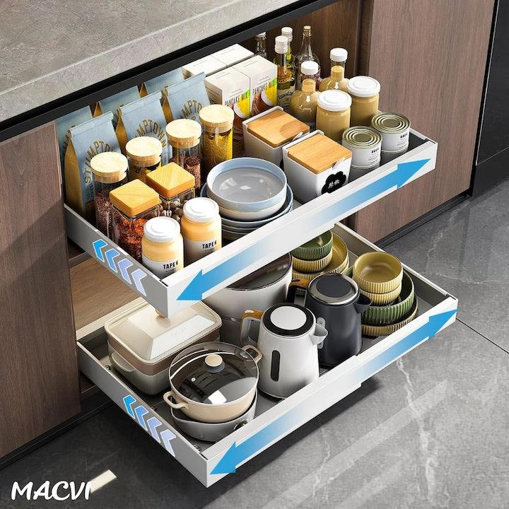 Organizator extensibil Macvi® pentru dulapuri, metal, sertar glisant, montare adeziva, capacitate mare, alb