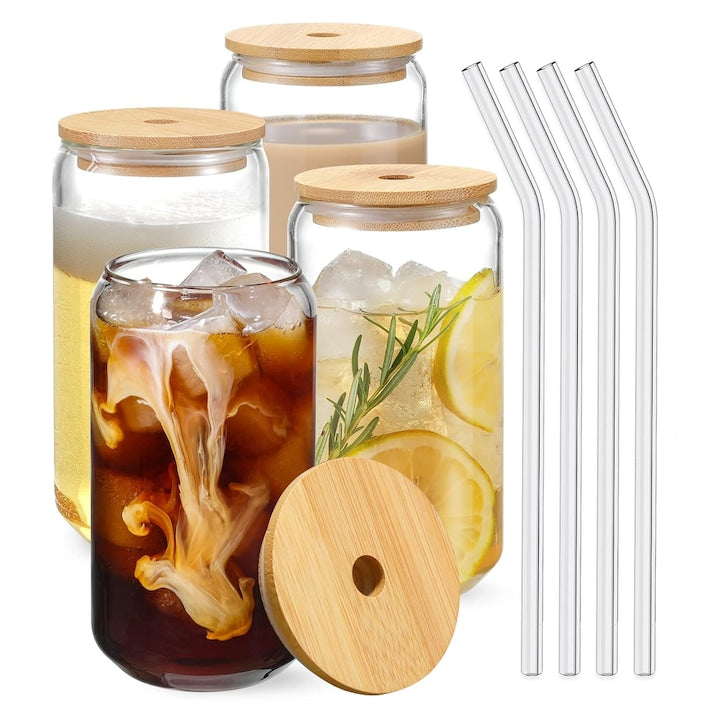 Set 4 Pahare de Sticla cu Capac si Pai Teno®, sticla borosilicata, capac din bambus, design modern, termorezistente, capacitate 500 ml, 15 cm