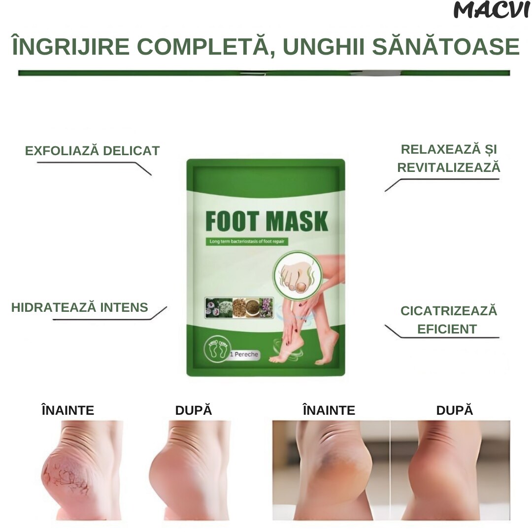 Sosete cu masca exfolianta pentru picioare Macvi®, 1 pereche, hidratare intensa, exfoliere delicata, eliminarea mirosurilor, ingrijire naturala pentru piele catifelata