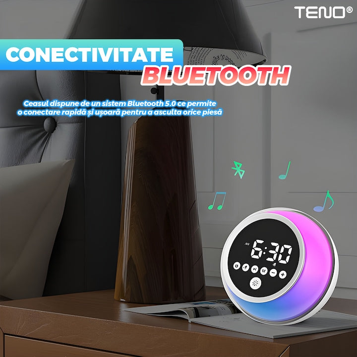 Ceas Desteptator Multifunctional Teno®, Bluetooth, functie de alarma, functie de radio, lumini RGB, autonomie ridicata, rotund