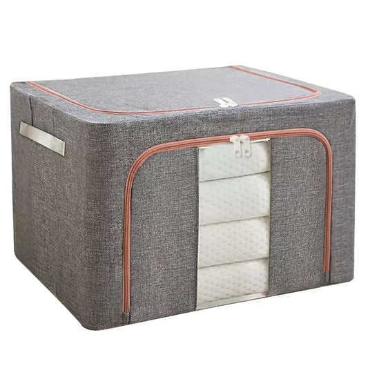 Cutie depozitare Macvi® 66L pliabila din material textil cu fermoar, fereastra transparenta si cadru metalic, organizator incapator pentru haine si articole casnice
