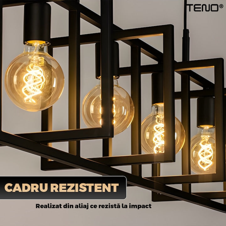 Lustra Teno, 4 cadrane, negru, lumina alb cald, design modern-industrial