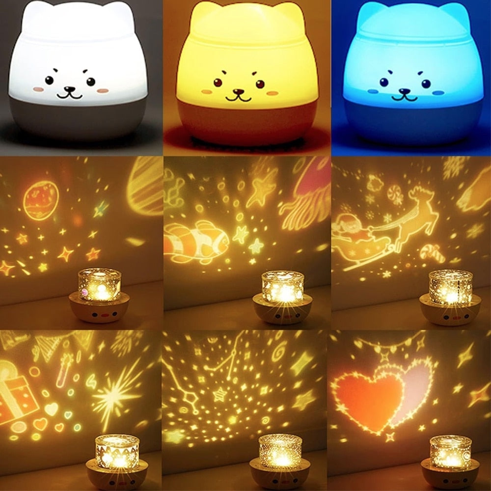 Lampa de veghe muzicala cu proiector Macvi®, design ursulet, Bluetooth, LED multicolor, rotativa, 6 moduri iluminare, acumulator USB 1200 mAh