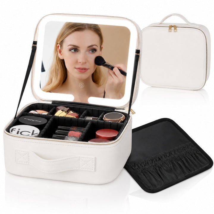 Organizator Machiaj cu Oglinda LED Macvi® 2000mAh, 3 Temperaturi Lumina, 76 LED, Compartimente Reglabile Rotire 360°, Incarcare USB, Geanta Cosmetice Impermeabila, Alb, 27x24x11 cm