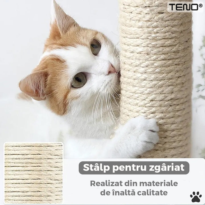 Ansamblu de Joaca pentru Pisici Teno®, cu 3 platforme de observatie, 5 niveluri, 3 casute, franghie si minge de joaca, stalpi pentru zgariat, captuseala extra moale, structura stabila, 164 cm, gri deschis